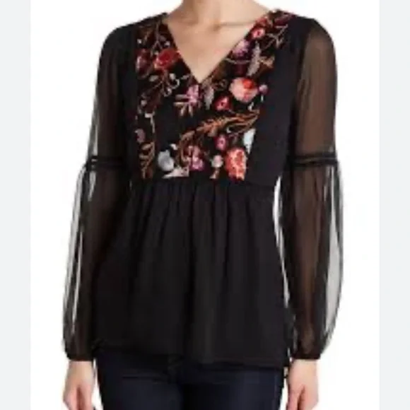 Catherine MaLandrino | Black Sheer Embroidered Bell Sleeve Blouse Size Medium - Picture 1 of 11